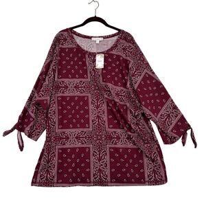 Weekend Suzanne Betro Blouse 1X Red Paisley Bandana Print Tie Sleeve Stretch